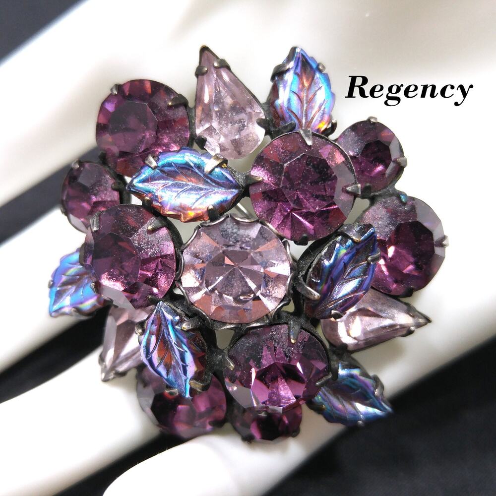 Regency Purple Lavender Floral Brooch, Art Glass Iridescent Leaves 1950s Vintage